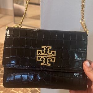 Tory Burch Black Croc Crossbody with Gold Accents